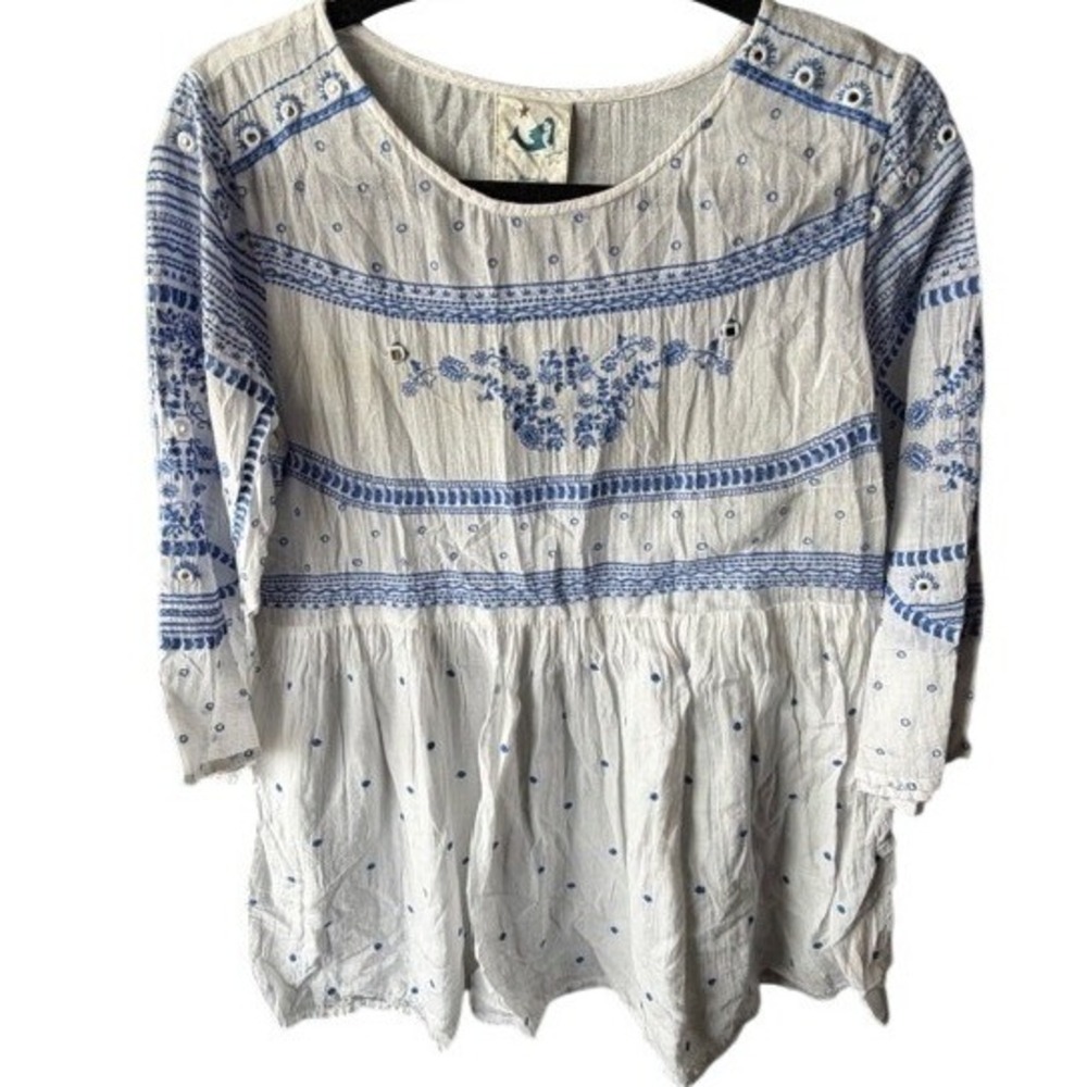Anthropologie Mermaid Label White Blue Embroidered Cotton Gauze Boho Top Small